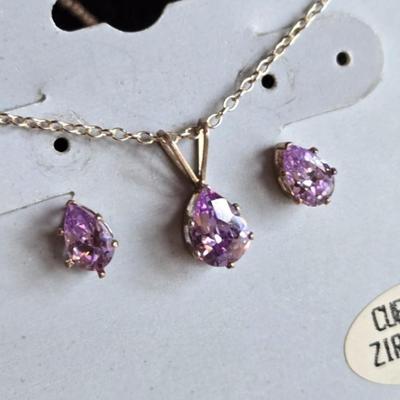 Sterling Silver & Pink Cubic Zirconia Necklace and Earrings