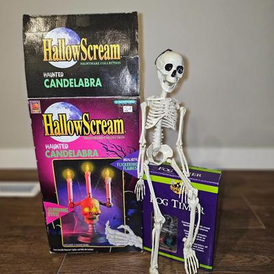 Vintage Halloween Decorations Skeleton Haunted Light Fixture, and Fog Timer