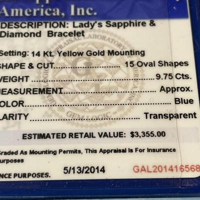 New Never Worn Certified GAL Lab Report Ladies 14K 9-Pennyweights 9.75 Carats Oval Sapphires & Diamonds 7.25" Long (5/13/2014...