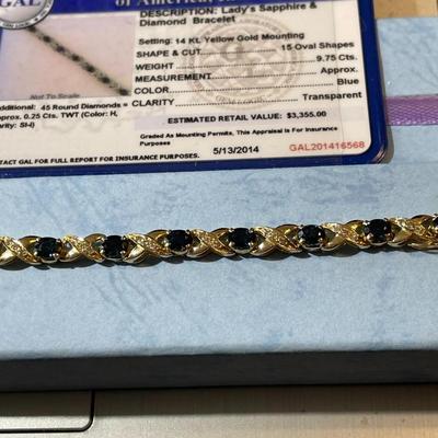 New Never Worn Certified GAL Lab Report Ladies 14K 9-Pennyweights 9.75 Carats Oval Sapphires & Diamonds 7.25" Long (5/13/2014...