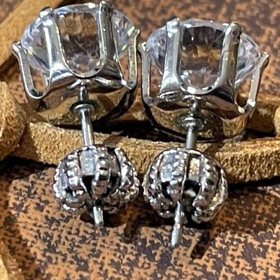 Vintage 1+-Carat Plus Each CZ Stud Earrings in VG Preowned Condition.