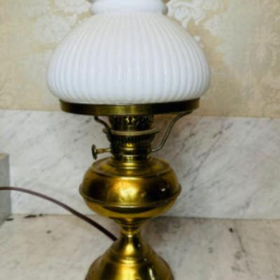 Vintage Electric Table Lamp B&P Oil Lamp Style with White Shade