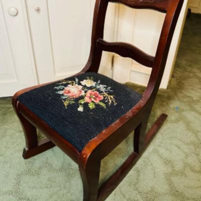 Children's Vintage Duncan Phyfe Rose Mahogany Rocking Chair with Needlepoint Seat