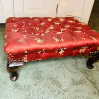 Vintage French Provincial Red Burgundy Floral Tapestry Needlepoint Footstool
