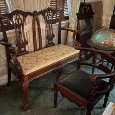 Antique Bench Queen Anne Style and Mahogany Side Chair