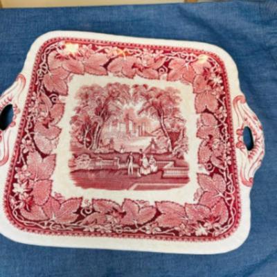 Masons Vista Red Pink Square Cake Pastry Ironstone Plate with Handles