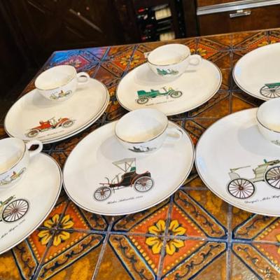 1895 - 1903 Gold Trim Porcelain Lunch Set of 4 Antique Automobiles (Plates and Teacups)