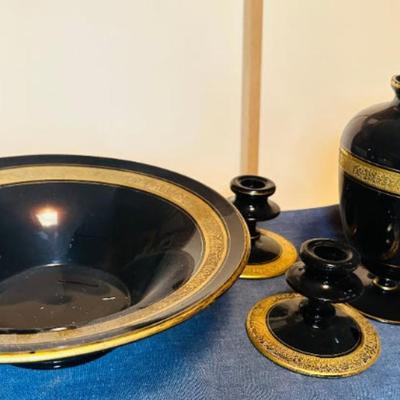 Art Nouveau Gilt Black Glass Candlesticks with Matching Centerpiece Bowl and Vase