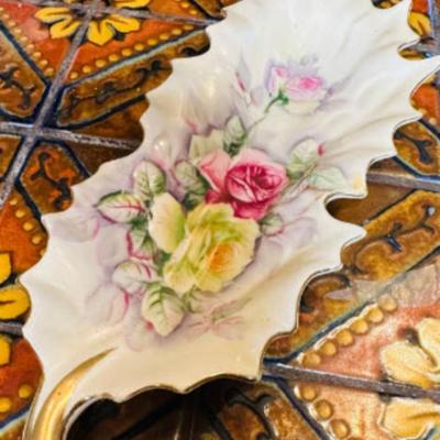 Vintage Japan Porcelain Leaf Trinket Dish -Hand Painted Roses and Gold Trim