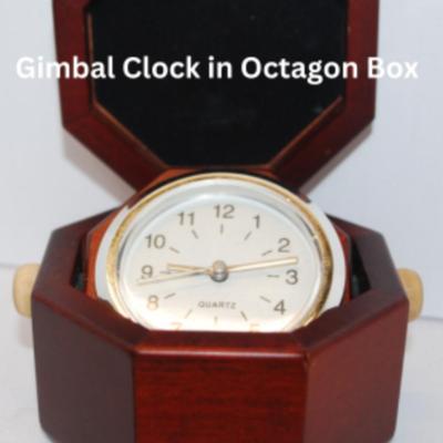 Gimbal Style Clock in an Octagon Shaped Wooden Hinged Covered Box 3" x 2" (Clock Works)