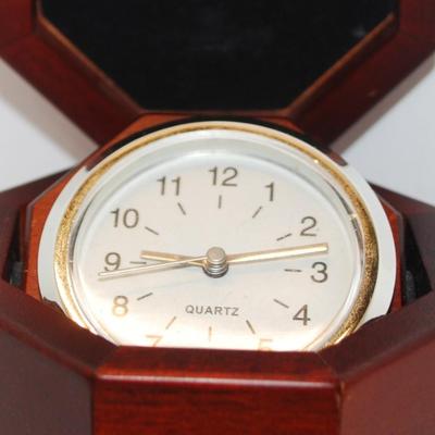 Gimbal Style Clock in an Octagon Shaped Wooden Hinged Covered Box 3" x 2" (Clock Works)