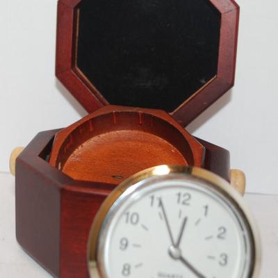Gimbal Style Clock in an Octagon Shaped Wooden Hinged Covered Box 3" x 2" (Clock Works)
