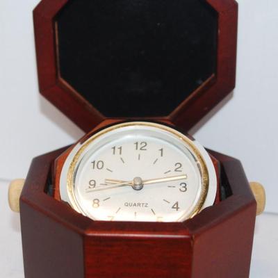 Gimbal Style Clock in an Octagon Shaped Wooden Hinged Covered Box 3" x 2" (Clock Works)