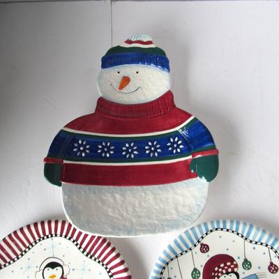 Snowman Serving Tray and Two Penguin Plates