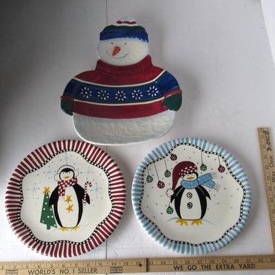 Snowman Serving Tray and Two Penguin Plates