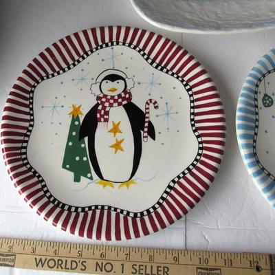 Snowman Serving Tray and Two Penguin Plates