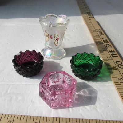 Salt Dips and Clear Carnival Glass Hand Painted Toothpick Holder