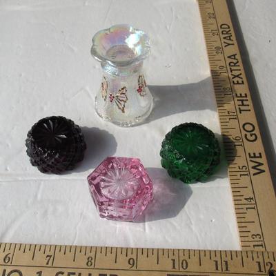 Salt Dips and Clear Carnival Glass Hand Painted Toothpick Holder