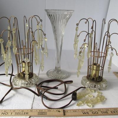 Matching Pair Wire Lamps and Tall Glass Vase, Read Description