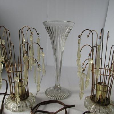 Matching Pair Wire Lamps and Tall Glass Vase, Read Description