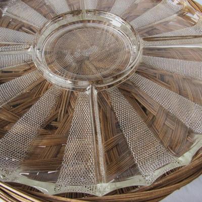 Large Jeanette Depression Glass Dew Drop Divided Relish in Wicker Holder