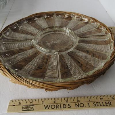 Large Jeanette Depression Glass Dew Drop Divided Relish in Wicker Holder
