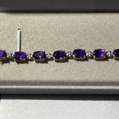 Ladies 14K Oval Amethysts & Diamond Chip Tennis Bracelet 5.4-Pennyweights TW 7