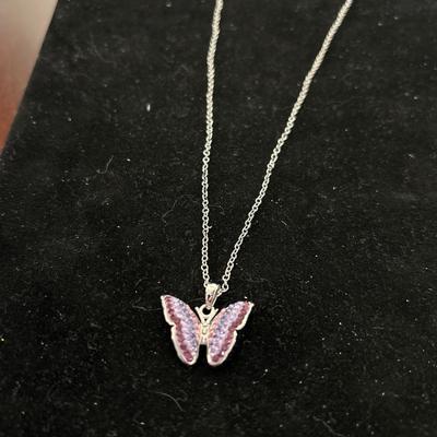 Purple Crystal Butterfly Pendant and Silvertone Chain