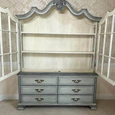 Solid Wood Distressed Pale Green China Cabinet
