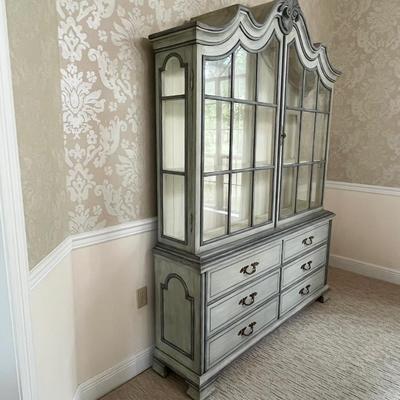 Solid Wood Distressed Pale Green China Cabinet