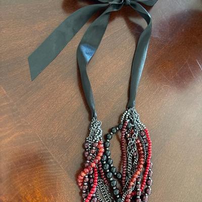 Glass beaded necklace with Silk ribbon tie