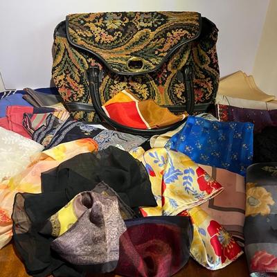 Big Bag Lot of Vintage Silk Scarfs, Bandanas, Etc. Packed in a Jaclyn Needlepoint Handbag Receive all Pictured.