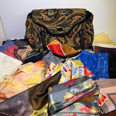 Big Bag Lot of Vintage Silk Scarfs, Bandanas, Etc. Packed in a Jaclyn Needlepoint Handbag Receive all Pictured.