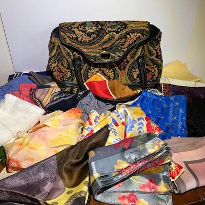 Big Bag Lot of Vintage Silk Scarfs, Bandanas, Etc. Packed in a Jaclyn Needlepoint Handbag Receive all Pictured.