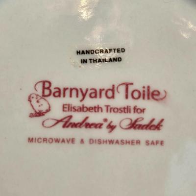 Andrea By Sadek Barnyard Toile Red Rooster Covered Mug and (2) Saucers