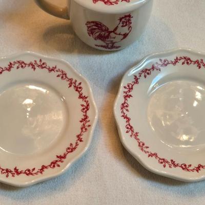 Andrea By Sadek Barnyard Toile Red Rooster Covered Mug and (2) Saucers