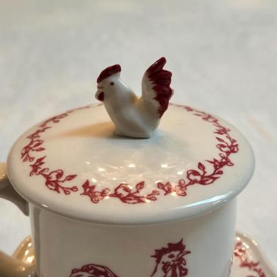 Andrea By Sadek Barnyard Toile Red Rooster Covered Mug and (2) Saucers