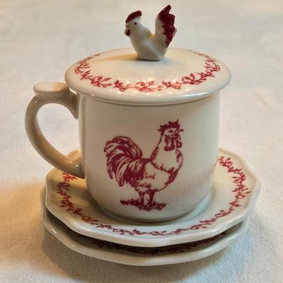 Andrea By Sadek Barnyard Toile Red Rooster Covered Mug and (2) Saucers