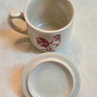 Andrea By Sadek Barnyard Toile Red Rooster Covered Mug and (2) Saucers