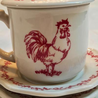 Andrea By Sadek Barnyard Toile Red Rooster Covered Mug and (2) Saucers