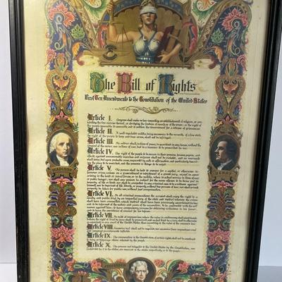 Vintage Bill of Rights Framed Lithograph 13" x 16.5" in Good Preowned Condition.