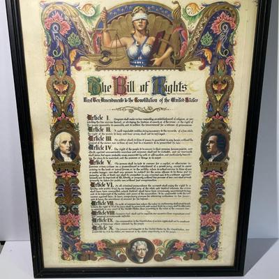 Vintage Bill of Rights Framed Lithograph 13" x 16.5" in Good Preowned Condition.