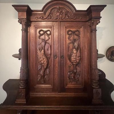 Antique 19th Century Buffet Sideboard Hunting Birds Furniture Unit 87" Tall, 67" Wide, 26.5" Deep as Pictured.