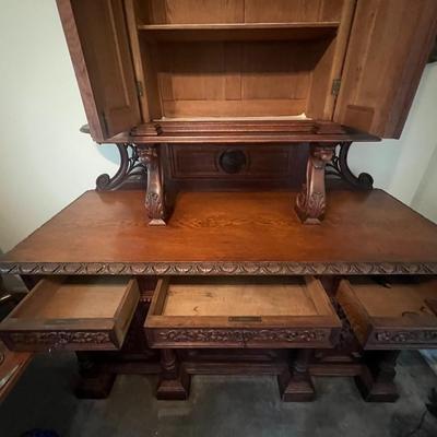 Antique 19th Century Buffet Sideboard Hunting Birds Furniture Unit 87" Tall, 67" Wide, 26.5" Deep as Pictured.