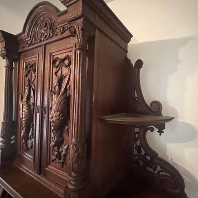 Antique 19th Century Buffet Sideboard Hunting Birds Furniture Unit 87" Tall, 67" Wide, 26.5" Deep as Pictured.