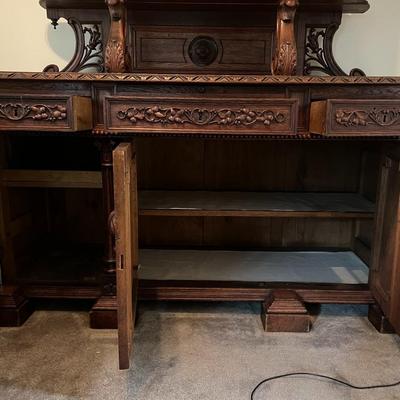 Antique 19th Century Buffet Sideboard Hunting Birds Furniture Unit 87" Tall, 67" Wide, 26.5" Deep as Pictured.