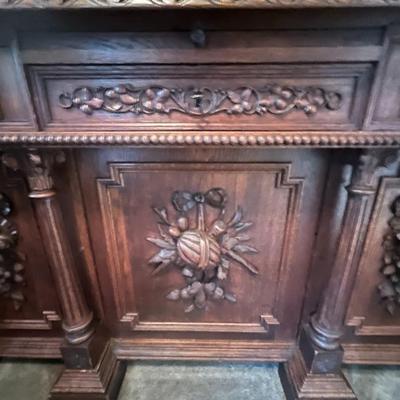 Antique 19th Century Buffet Sideboard Hunting Birds Furniture Unit 87" Tall, 67" Wide, 26.5" Deep as Pictured.