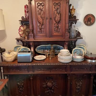 Antique 19th Century Buffet Sideboard Hunting Birds Furniture Unit 87" Tall, 67" Wide, 26.5" Deep as Pictured.