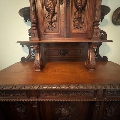 Antique 19th Century Buffet Sideboard Hunting Birds Furniture Unit 87" Tall, 67" Wide, 26.5" Deep as Pictured.