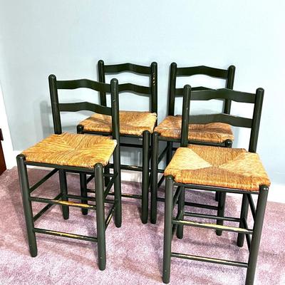 Set of 4 Forest Green Barstools with Cane Seats